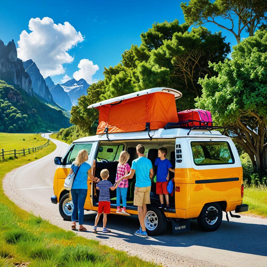 An inviting scene of a cheerful family loading their luggage into a colorful van parked by a scenic road, surrounded by lush landscapes and bright blue skies. A signpost nearby points to popular travel destinations, symbolizing adventure and happiness. The atmosphere is vibrant, emphasizing joy and exploration on their rental journey. super-realistic. vibrant colors. sunny background.