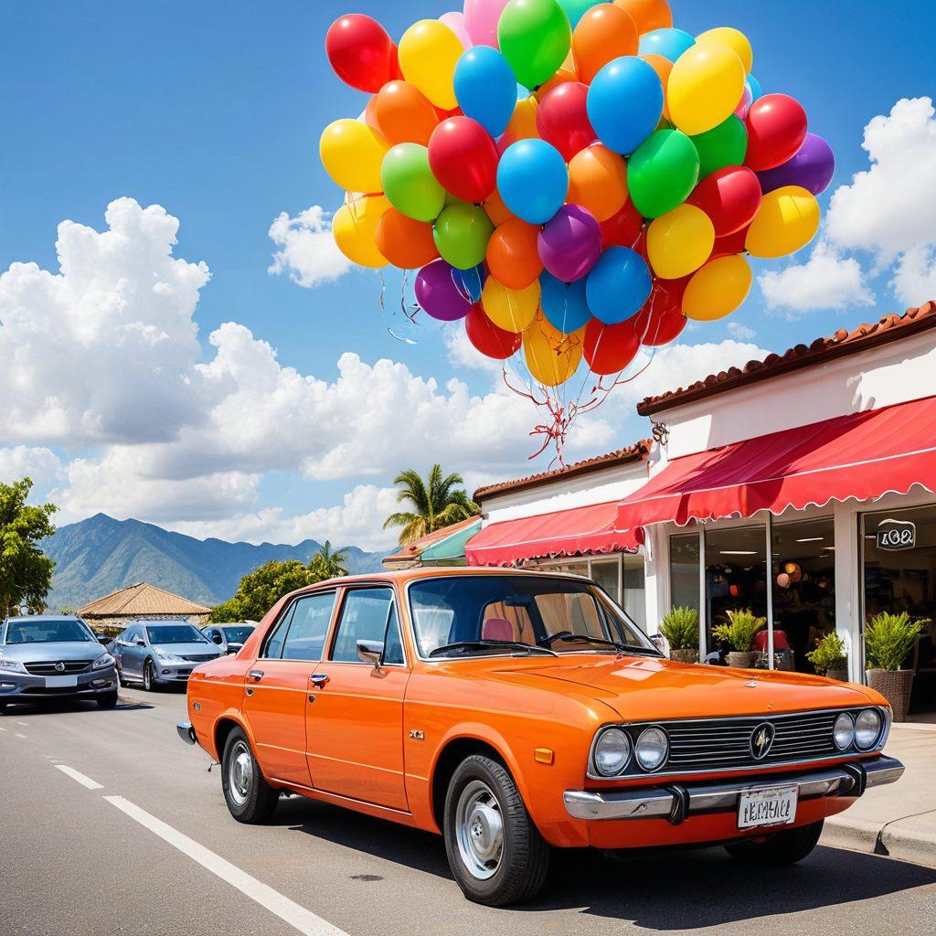 A bright and cheerful car rental office surrounded by colorful balloons and smiling customers. The scene features various vibrant colorful cars, each with unique designs and patterns, parked under a blue sky with fluffy clouds. Cheerful staff members can be seen assisting happy families, showcasing the delight of renting a car. The overall atmosphere is inviting and joyful, encouraging travelers to embark on their journeys. super-realistic. vibrant colors. white background.