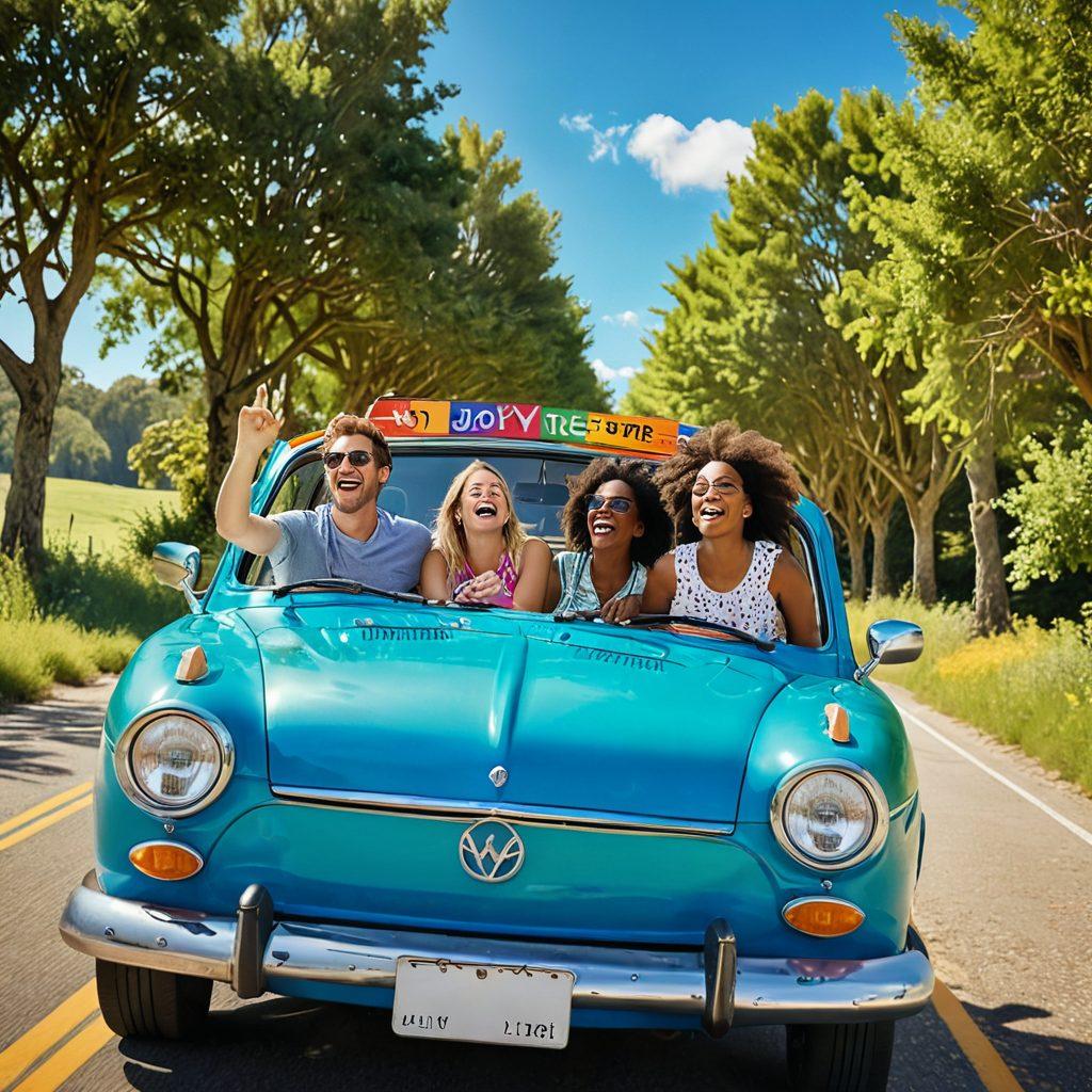 A cheerful scene depicting a diverse group of friends laughing and enjoying a scenic road trip in a colorful, vibrant rental car surrounded by lush landscapes and bright blue skies. The car has playful designs and symbols of joy, with road signs indicating various fun destinations in the background. Add elements of sunlight filtering through the trees, showcasing a sense of adventure and happiness. super-realistic. vibrant colors. sunny atmosphere.